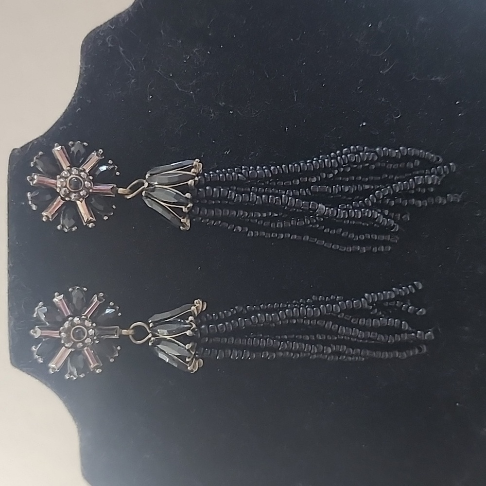 Elegant Black Rhinestone & Bead Tassel Chandalier Earrings